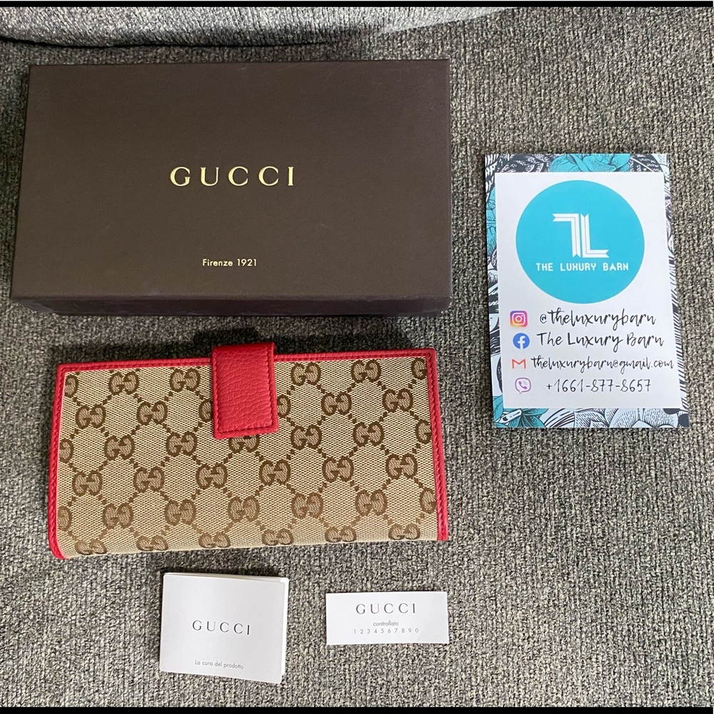 GUCCI beige Original GG red Leather Trim Wallet